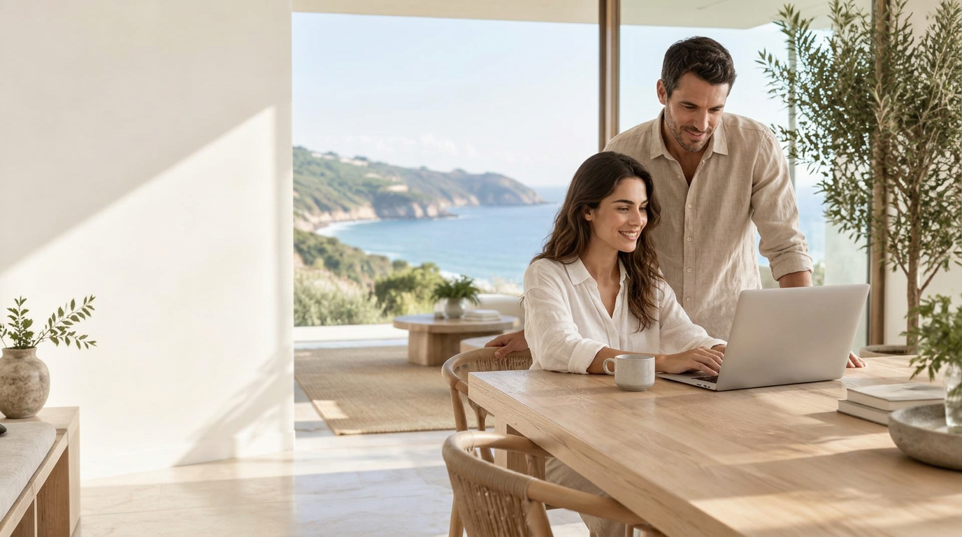 A quiet morning planning ahead from a sunlit coastal home